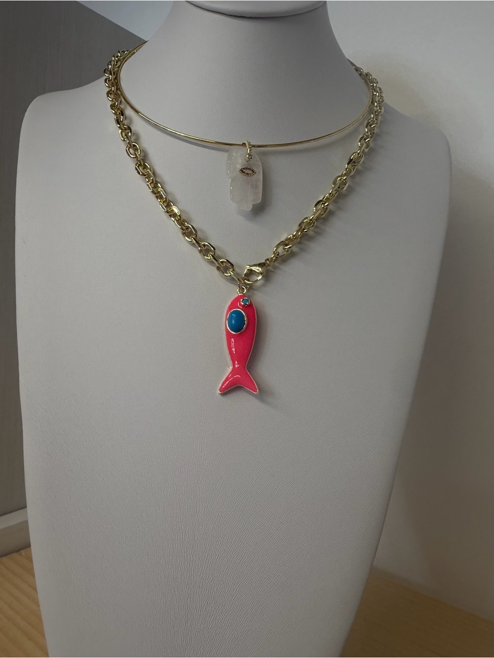 Gold Chain Necklace with Pink Fish Pendant